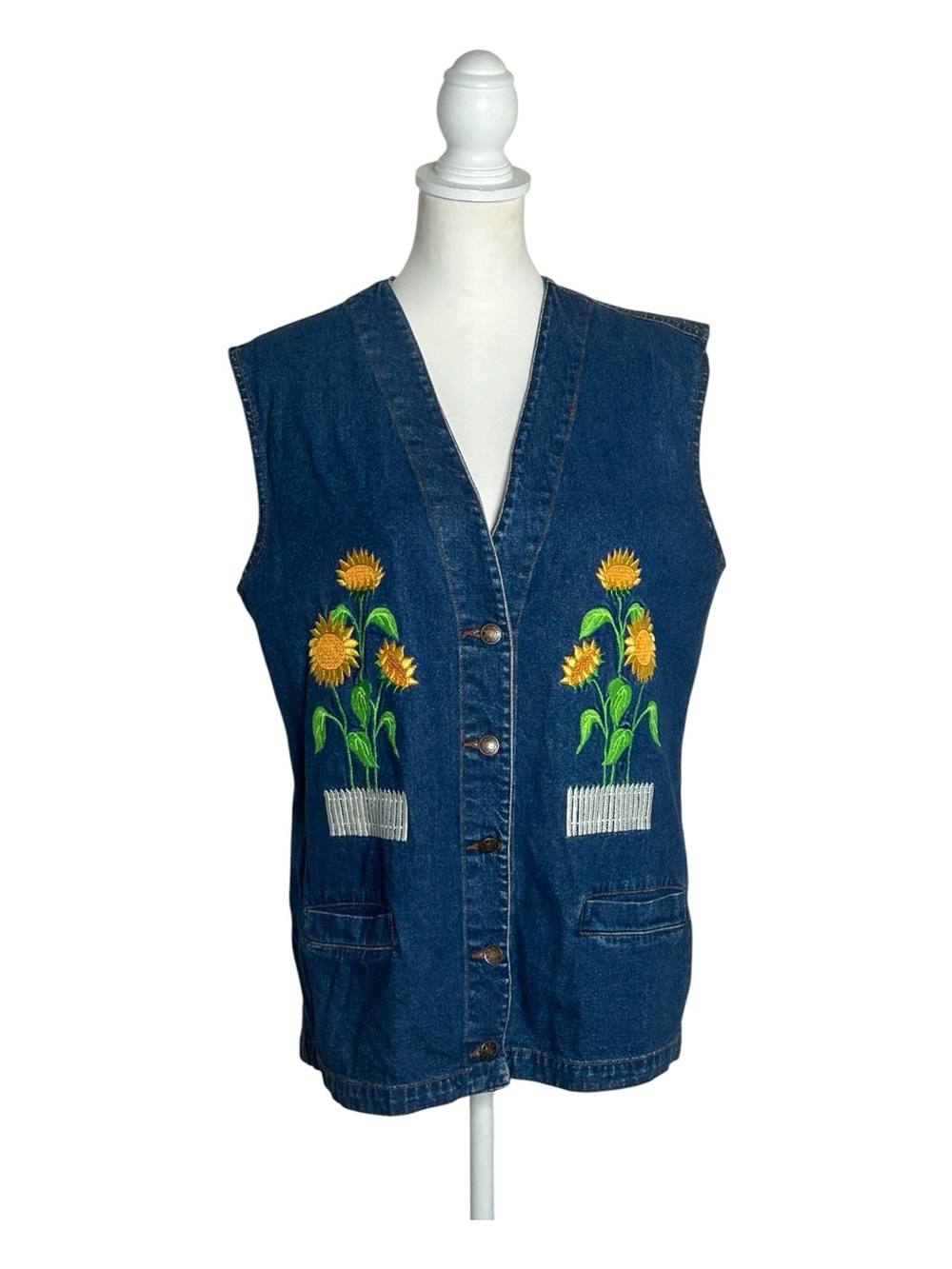 Vintage Casey Coleman Denim Sunflower Embroidered Vest EUC Sz M/L Cottagecore